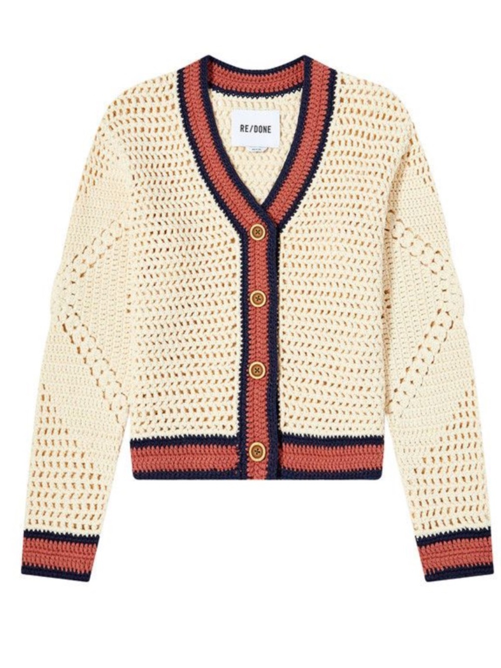 Re/Done 50s V-Neck Cardigan in Cream with Blue Pink